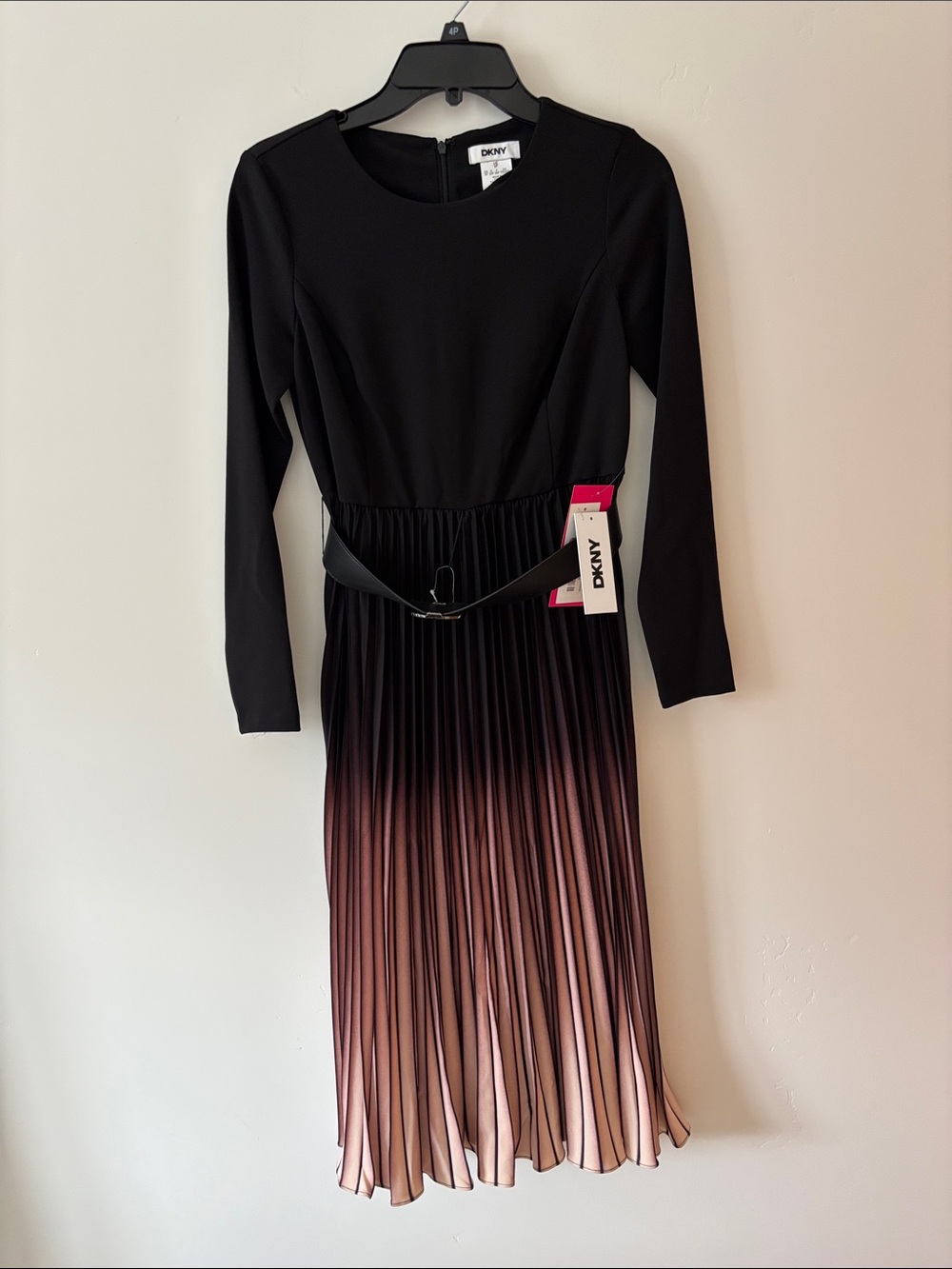 DKNY Black to Blush Ombre Pleated Long-Sleeve Midi Dress
